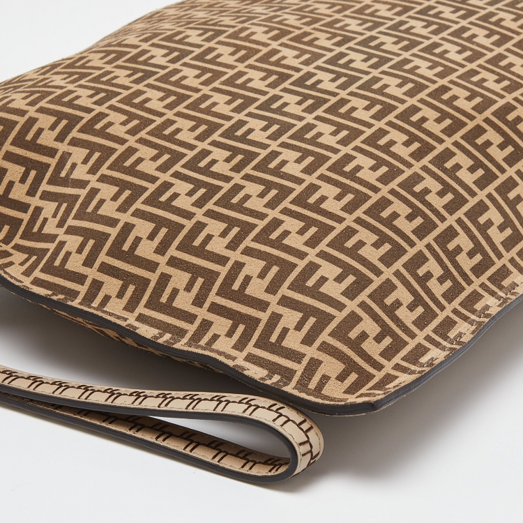 Pre Owned Fendi Beige/Brown Zucchino Suede Flat Wristlet Pouch