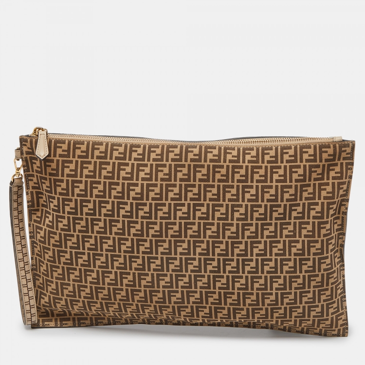 Pre Owned Fendi Beige/Brown Zucchino Suede Flat Wristlet Pouch
