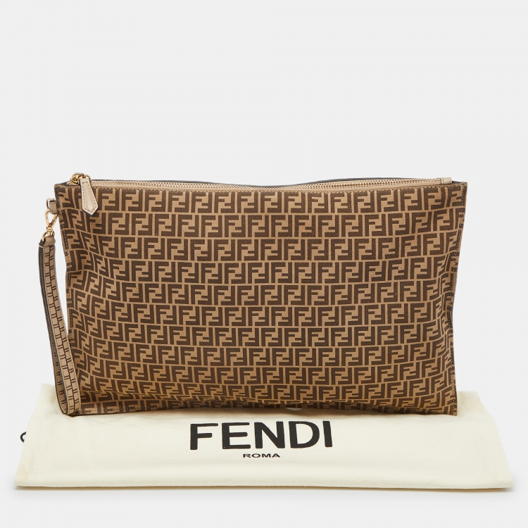 Pre Owned Fendi Beige/Brown Zucchino Suede Flat Wristlet Pouch