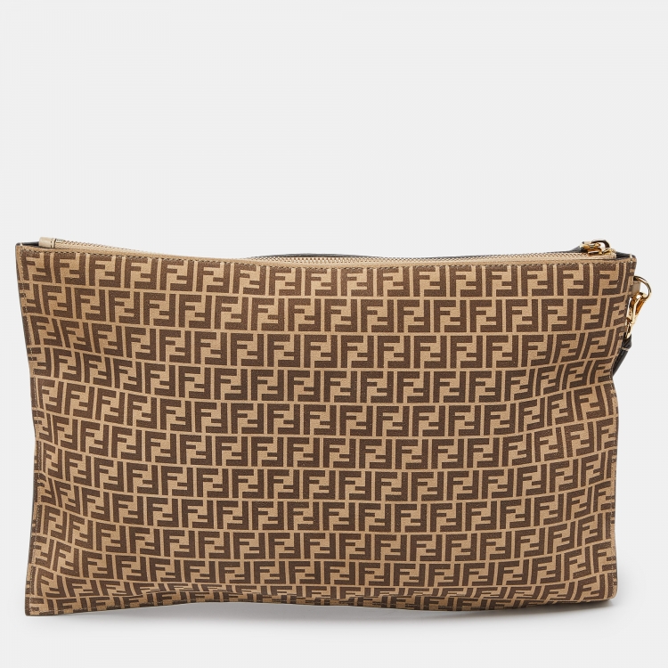 Pre Owned Fendi Beige/Brown Zucchino Suede Flat Wristlet Pouch