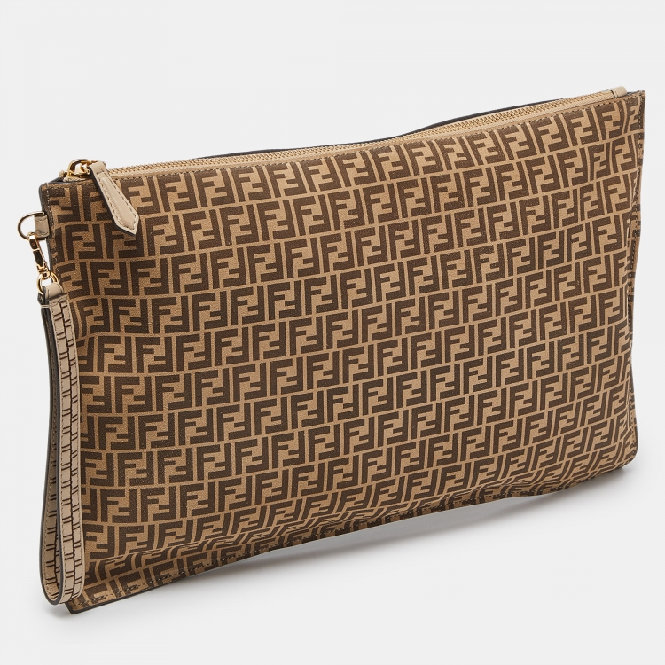 Pre Owned Fendi Beige/Brown Zucchino Suede Flat Wristlet Pouch