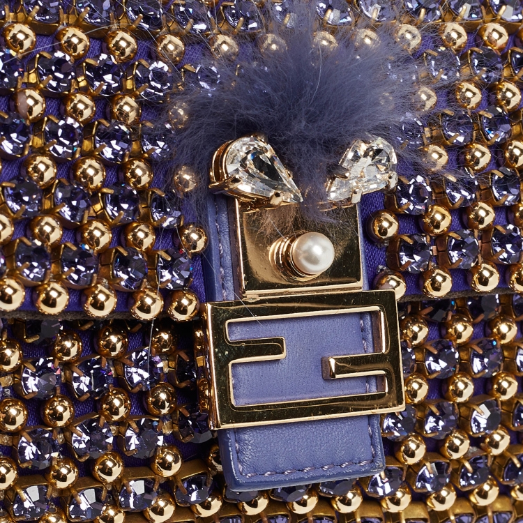 Pre Owned Fendi Purple/Gold Satin Crystal Studded Fur Micro Baguette Bag