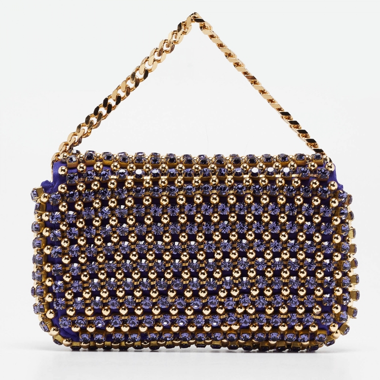 Pre Owned Fendi Purple/Gold Satin Crystal Studded Fur Micro Baguette Bag