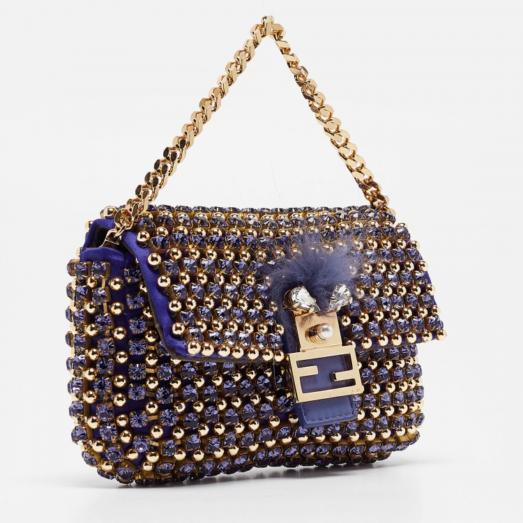 Pre Owned Fendi Purple/Gold Satin Crystal Studded Fur Micro Baguette Bag
