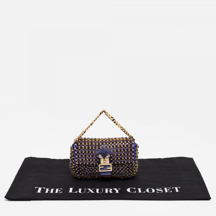Pre Owned Fendi Purple/Gold Satin Crystal Studded Fur Micro Baguette Bag