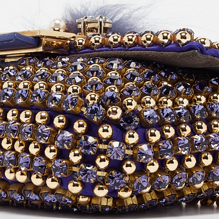 Pre Owned Fendi Purple/Gold Satin Crystal Studded Fur Micro Baguette Bag