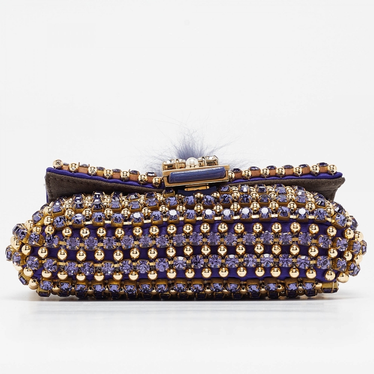Pre Owned Fendi Purple/Gold Satin Crystal Studded Fur Micro Baguette Bag