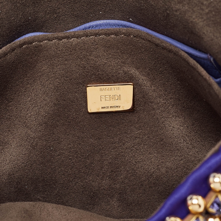 Pre Owned Fendi Purple/Gold Satin Crystal Studded Fur Micro Baguette Bag