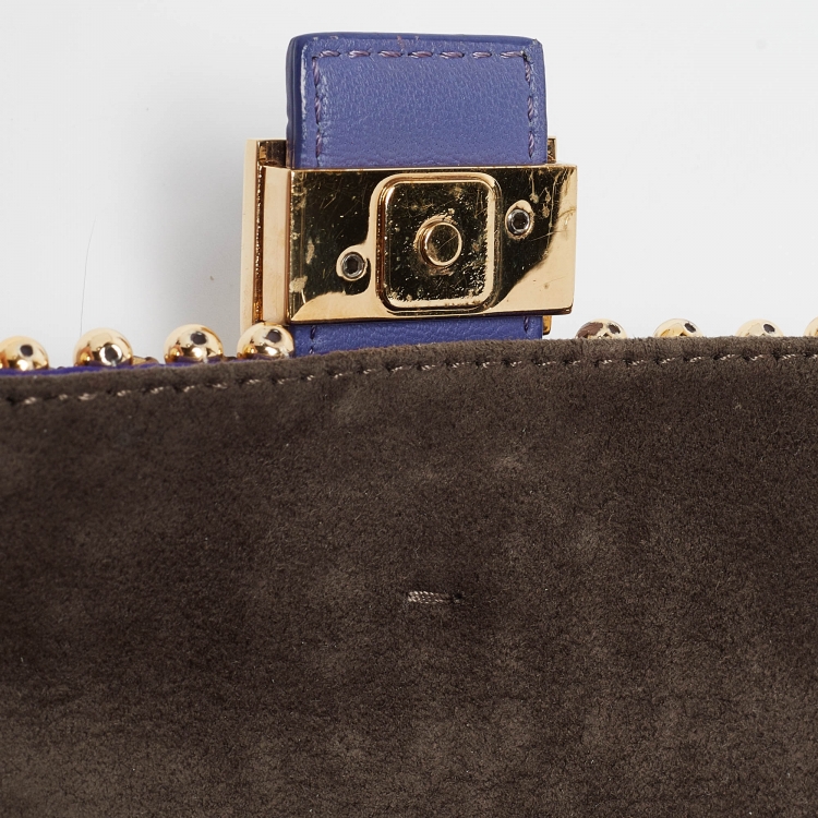 Pre Owned Fendi Purple/Gold Satin Crystal Studded Fur Micro Baguette Bag