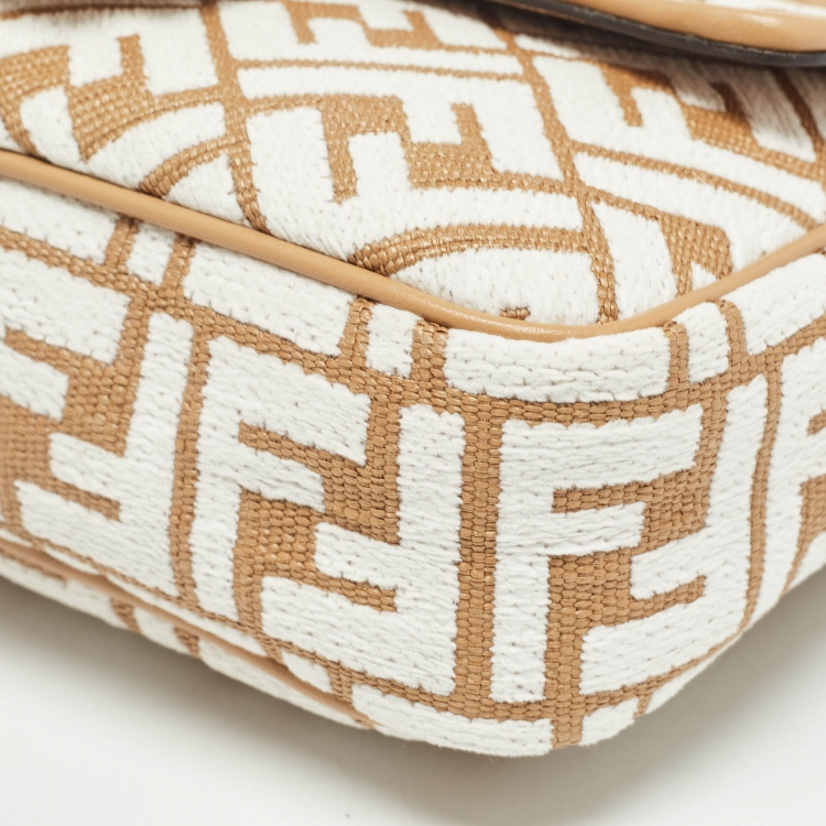 Pre Owned Fendi Beige/White Zucca Raffia and Fabric Midi Baguette Chain Shoulder Bag