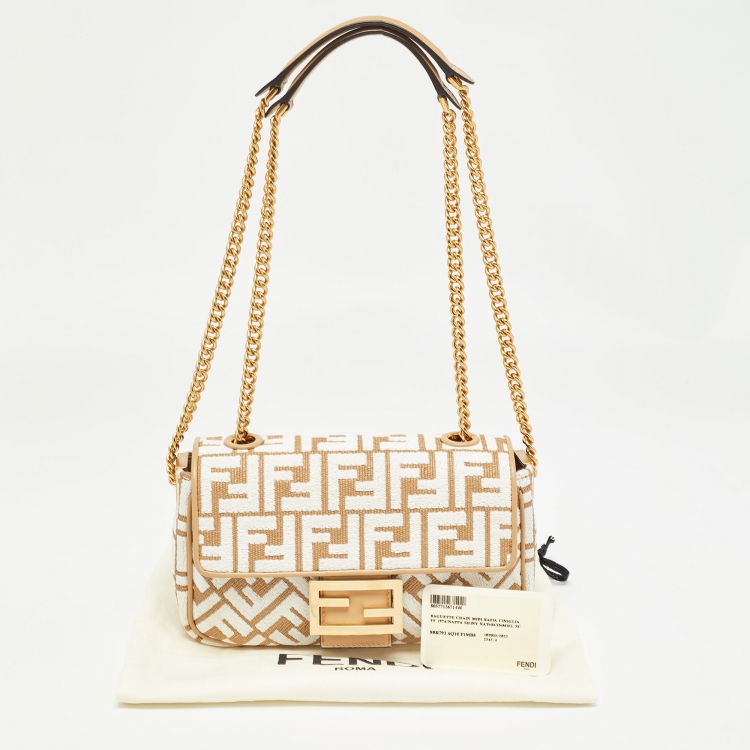Pre Owned Fendi Beige/White Zucca Raffia and Fabric Midi Baguette Chain Shoulder Bag