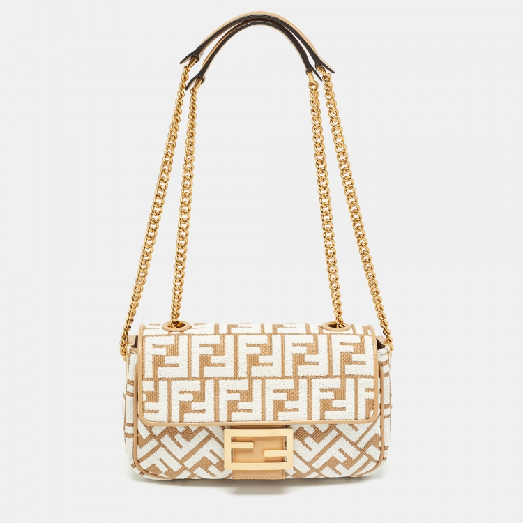 Pre Owned Fendi Beige/White Zucca Raffia and Fabric Midi Baguette Chain Shoulder Bag
