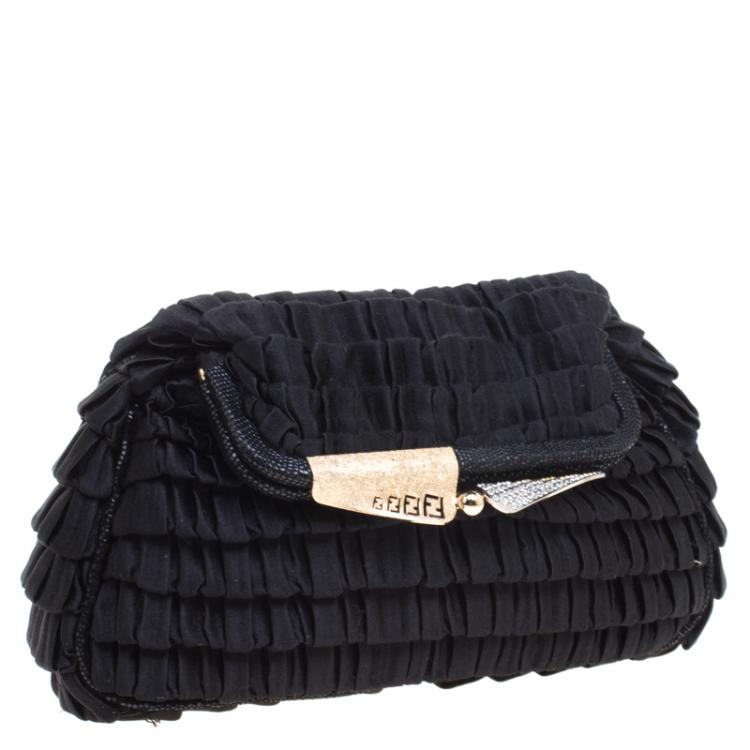 Pre Owned Fendi Black Raffled Satin Folded Clutch