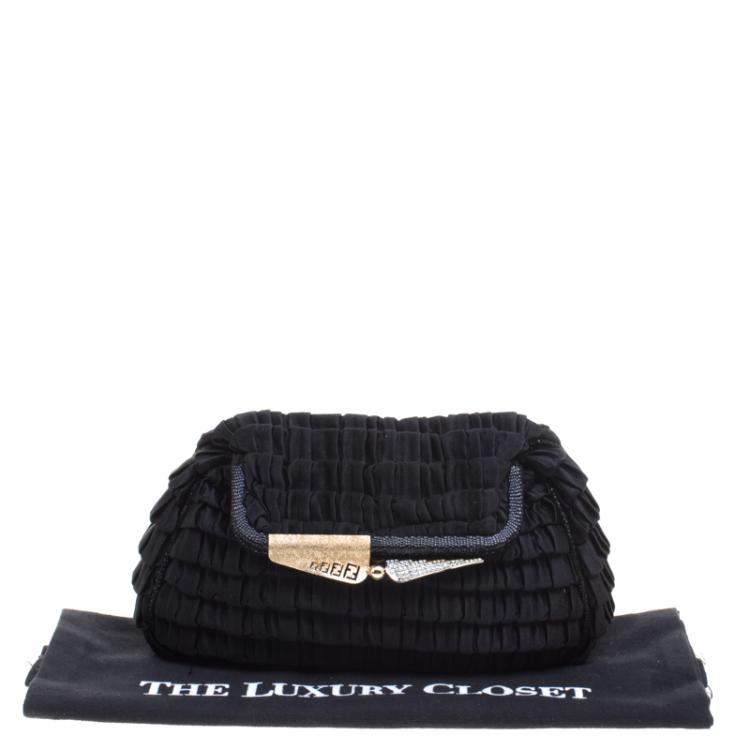 Pre Owned Fendi Black Raffled Satin Folded Clutch