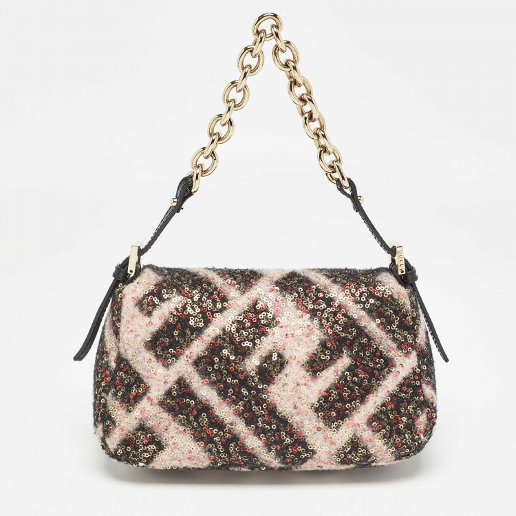 Pre Owned Fendi Multicolor Zucca Wool and Sequins Mini Mama Baguette Chain Bag
