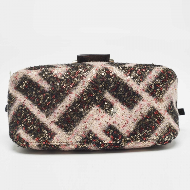 Pre Owned Fendi Multicolor Zucca Wool and Sequins Mini Mama Baguette Chain Bag