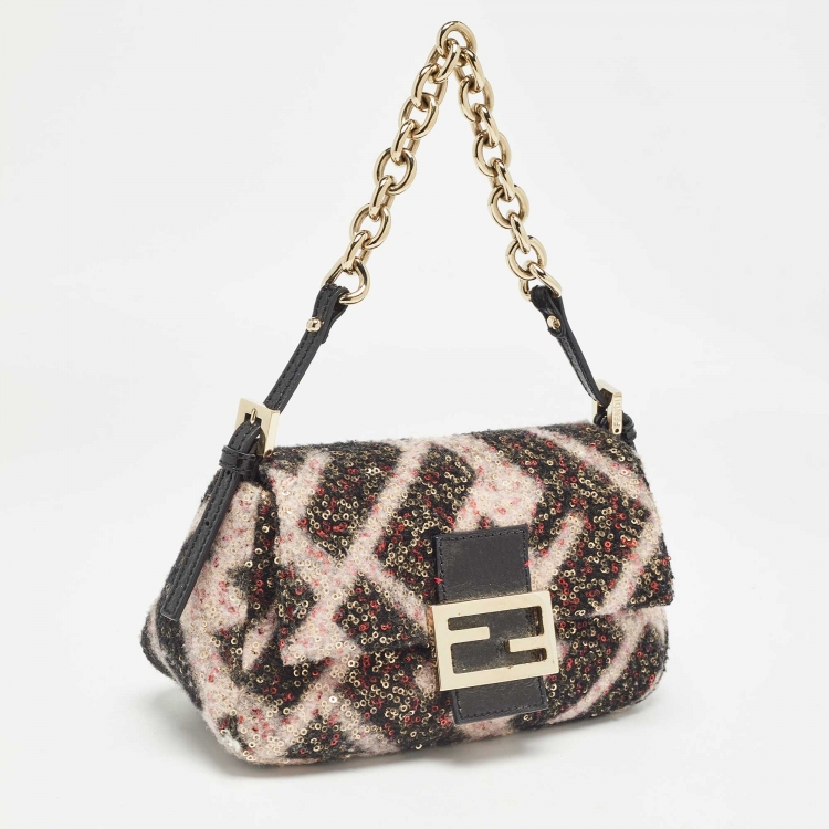 Pre Owned Fendi Multicolor Zucca Wool and Sequins Mini Mama Baguette Chain Bag