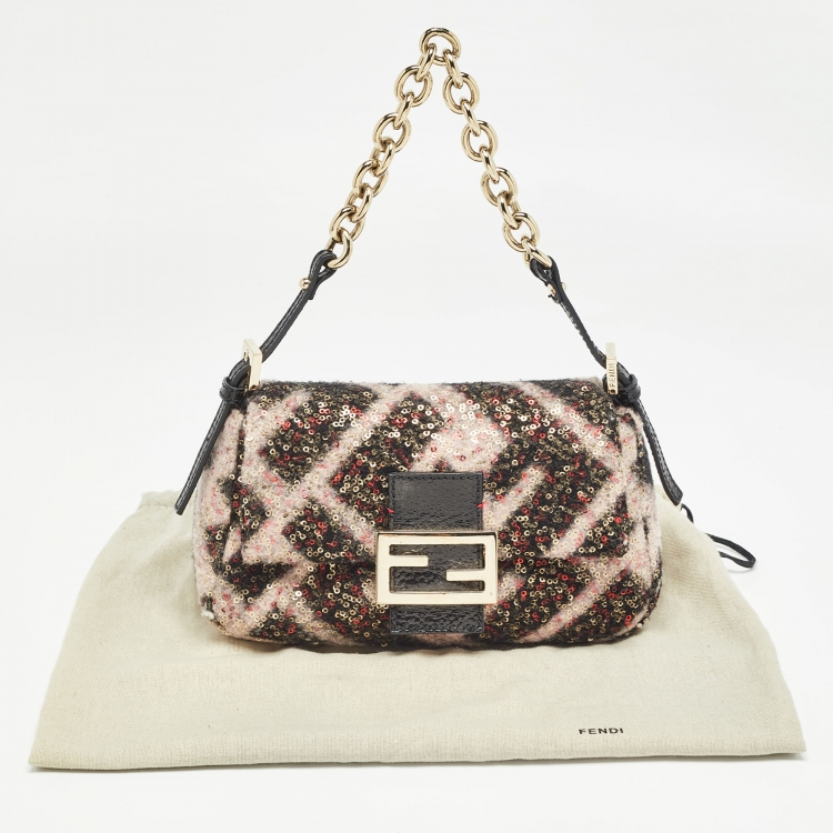 Pre Owned Fendi Multicolor Zucca Wool and Sequins Mini Mama Baguette Chain Bag