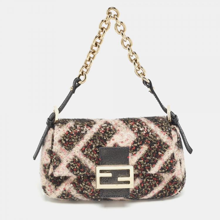 Pre Owned Fendi Multicolor Zucca Wool and Sequins Mini Mama Baguette Chain Bag
