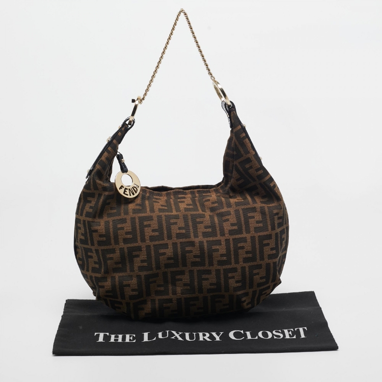 Pre Owned Fendi Blue/Tobacco Zucca Canvas and Patent Leather Chef Chain Link Hobo