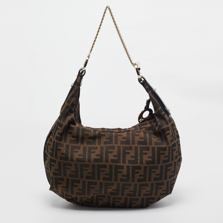 Pre Owned Fendi Blue/Tobacco Zucca Canvas and Patent Leather Chef Chain Link Hobo