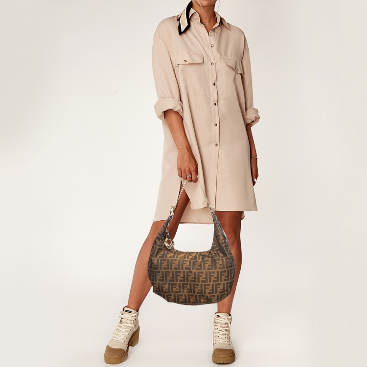 Pre Owned Fendi Blue/Tobacco Zucca Canvas and Patent Leather Chef Chain Link Hobo