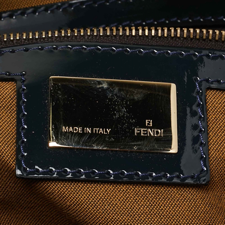 Pre Owned Fendi Blue/Tobacco Zucca Canvas and Patent Leather Chef Chain Link Hobo