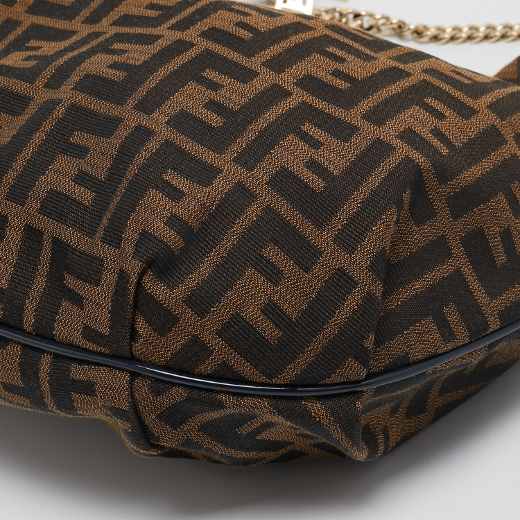 Pre Owned Fendi Blue/Tobacco Zucca Canvas and Patent Leather Chef Chain Link Hobo