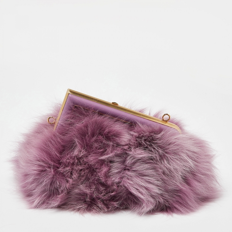 Pre Owned Fendi Purple Fox Fur and Leather Small First Clutch