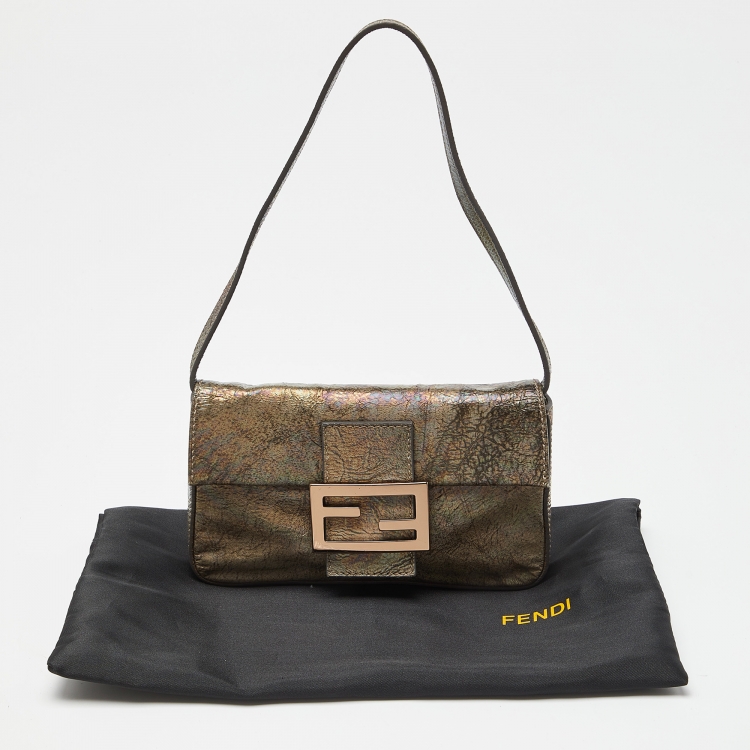 Pre Owned Fendi Grey Holographic Patent Leather Mama Baguette Bag
