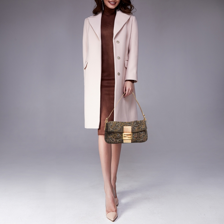 Pre Owned Fendi Beige/Tobacco Zucca Canvas and Lizard Embossed Leather Flap Beaded Baguette Bag