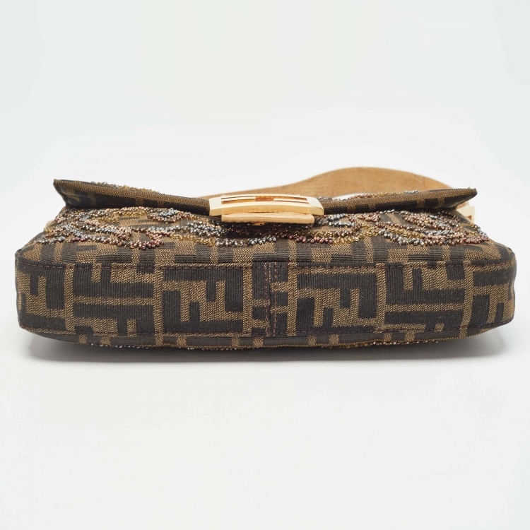 Pre Owned Fendi Beige/Tobacco Zucca Canvas and Lizard Embossed Leather Flap Beaded Baguette Bag
