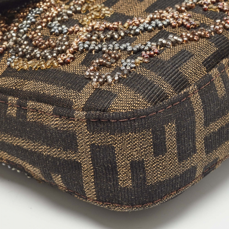 Pre Owned Fendi Beige/Tobacco Zucca Canvas and Lizard Embossed Leather Flap Beaded Baguette Bag