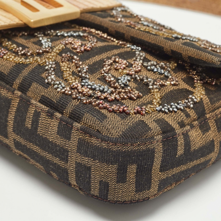 Pre Owned Fendi Beige/Tobacco Zucca Canvas and Lizard Embossed Leather Flap Beaded Baguette Bag