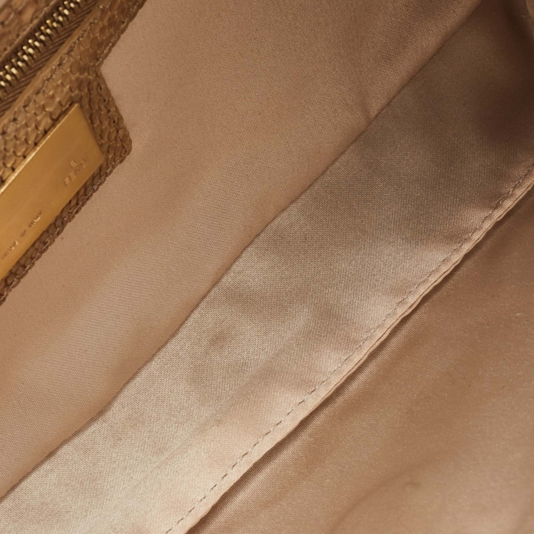 Pre Owned Fendi Beige/Tobacco Zucca Canvas and Lizard Embossed Leather Flap Beaded Baguette Bag