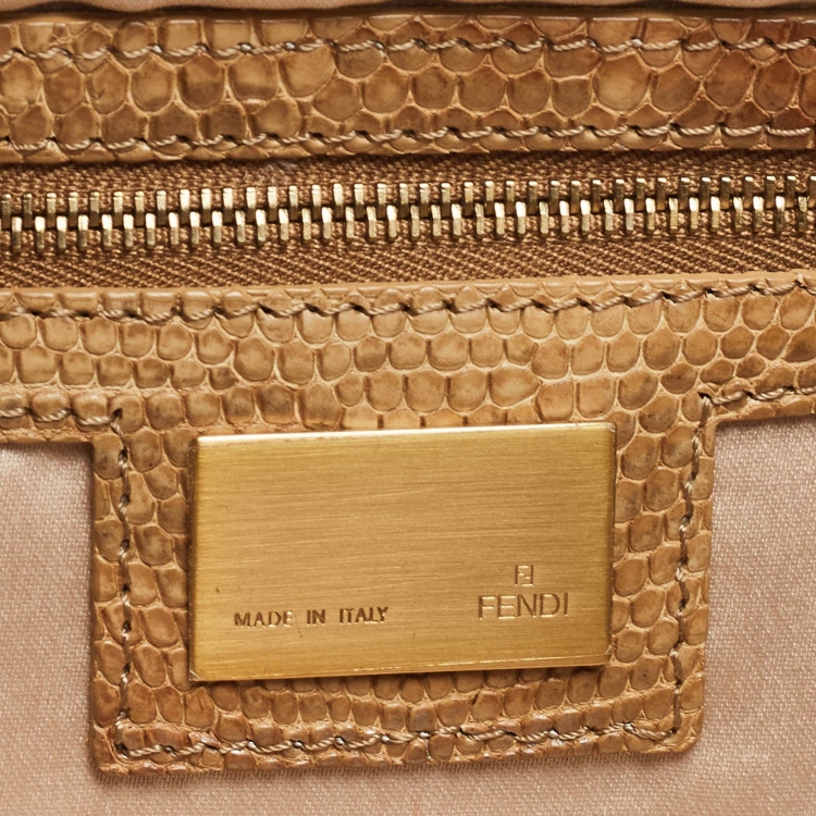 Pre Owned Fendi Beige/Tobacco Zucca Canvas and Lizard Embossed Leather Flap Beaded Baguette Bag