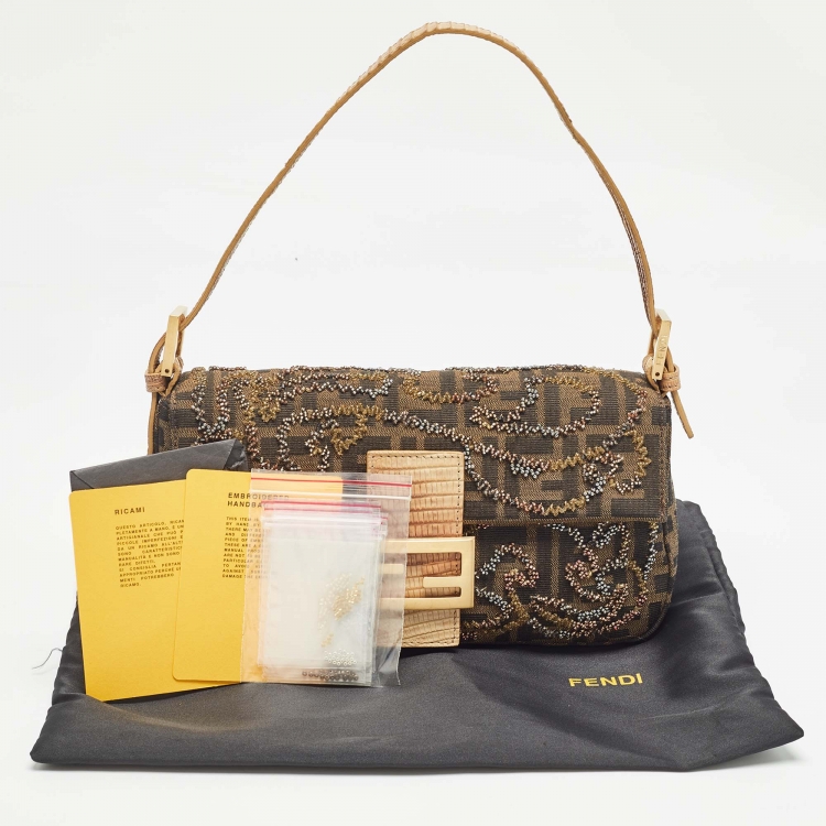 Pre Owned Fendi Beige/Tobacco Zucca Canvas and Lizard Embossed Leather Flap Beaded Baguette Bag
