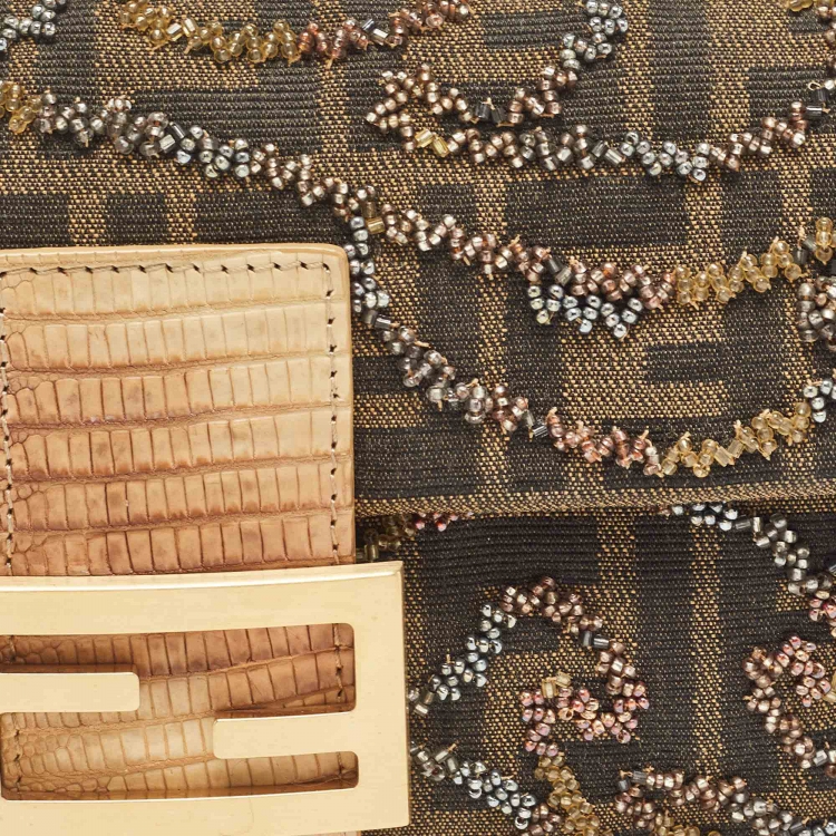 Pre Owned Fendi Beige/Tobacco Zucca Canvas and Lizard Embossed Leather Flap Beaded Baguette Bag