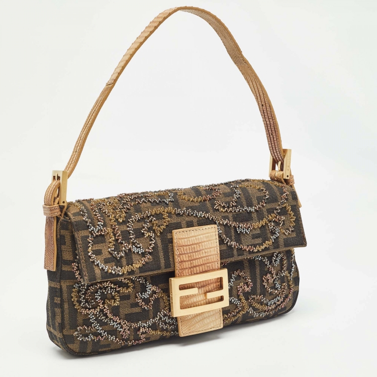 Pre Owned Fendi Beige/Tobacco Zucca Canvas and Lizard Embossed Leather Flap Beaded Baguette Bag