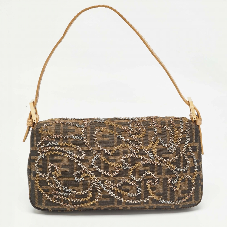 Pre Owned Fendi Beige/Tobacco Zucca Canvas and Lizard Embossed Leather Flap Beaded Baguette Bag
