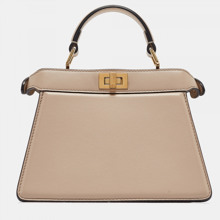 Pre Owned Fendi Beige Leather Petite Peekaboo ISeeU Top Handle Bag