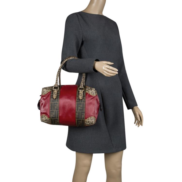 Pre Owned Fendi Red Zucca Coated Canvas Mixed Media Boston Bag