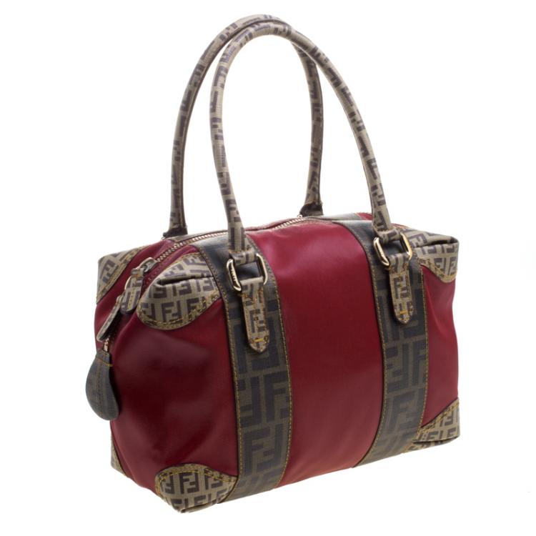 Pre Owned Fendi Red Zucca Coated Canvas Mixed Media Boston Bag