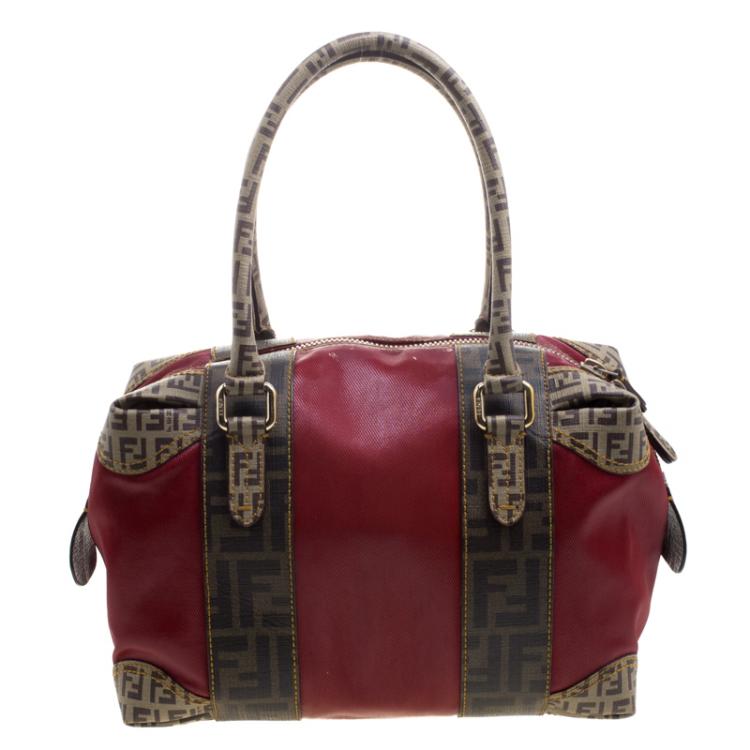 Pre Owned Fendi Red Zucca Coated Canvas Mixed Media Boston Bag