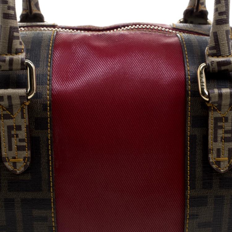 Pre Owned Fendi Red Zucca Coated Canvas Mixed Media Boston Bag