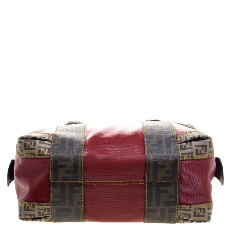 Pre Owned Fendi Red Zucca Coated Canvas Mixed Media Boston Bag