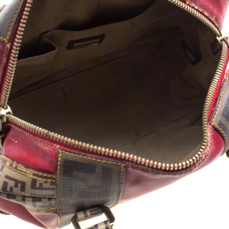 Pre Owned Fendi Red Zucca Coated Canvas Mixed Media Boston Bag