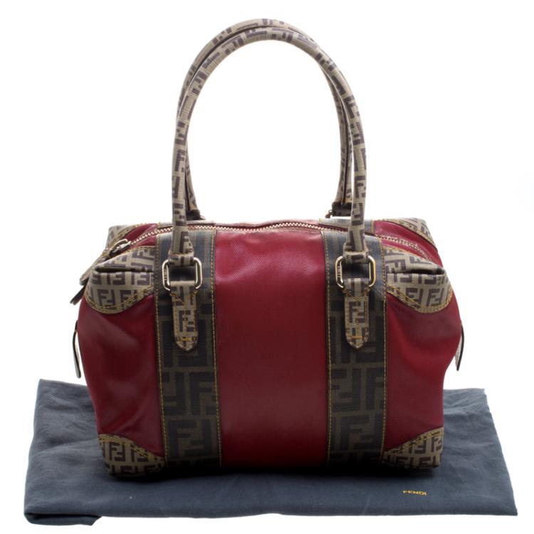 Pre Owned Fendi Red Zucca Coated Canvas Mixed Media Boston Bag