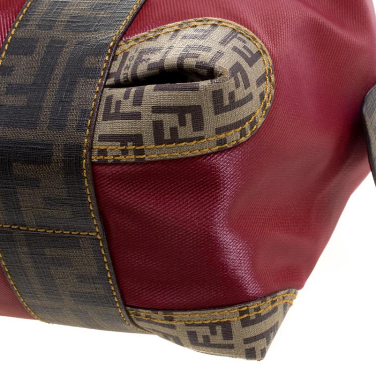 Pre Owned Fendi Red Zucca Coated Canvas Mixed Media Boston Bag