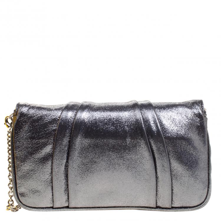 Pre Owned Fendi Metallic Grey Fabric Mia Pochette Bag